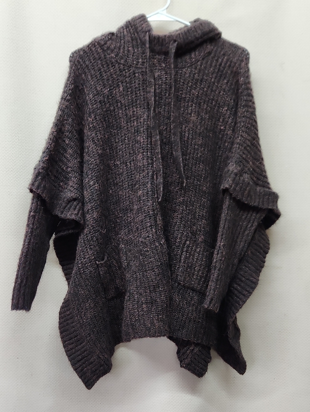 white birch Hooded Knit Poncho Sweater - Deep Plum Brown